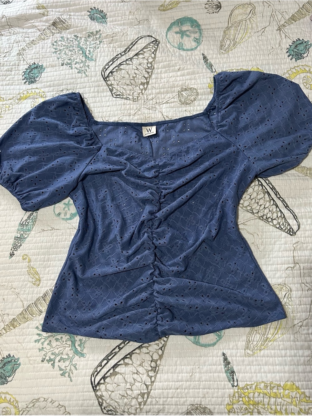 Wrapper Navy Blue Eyelet Puff-Sleeve Ruched Top